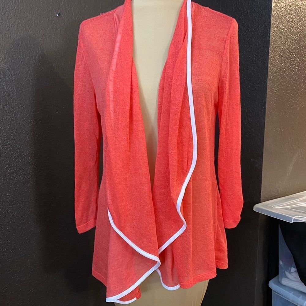 Slinky Brand salmon pink shawl collar open‎ front fine knit cardigan sweater